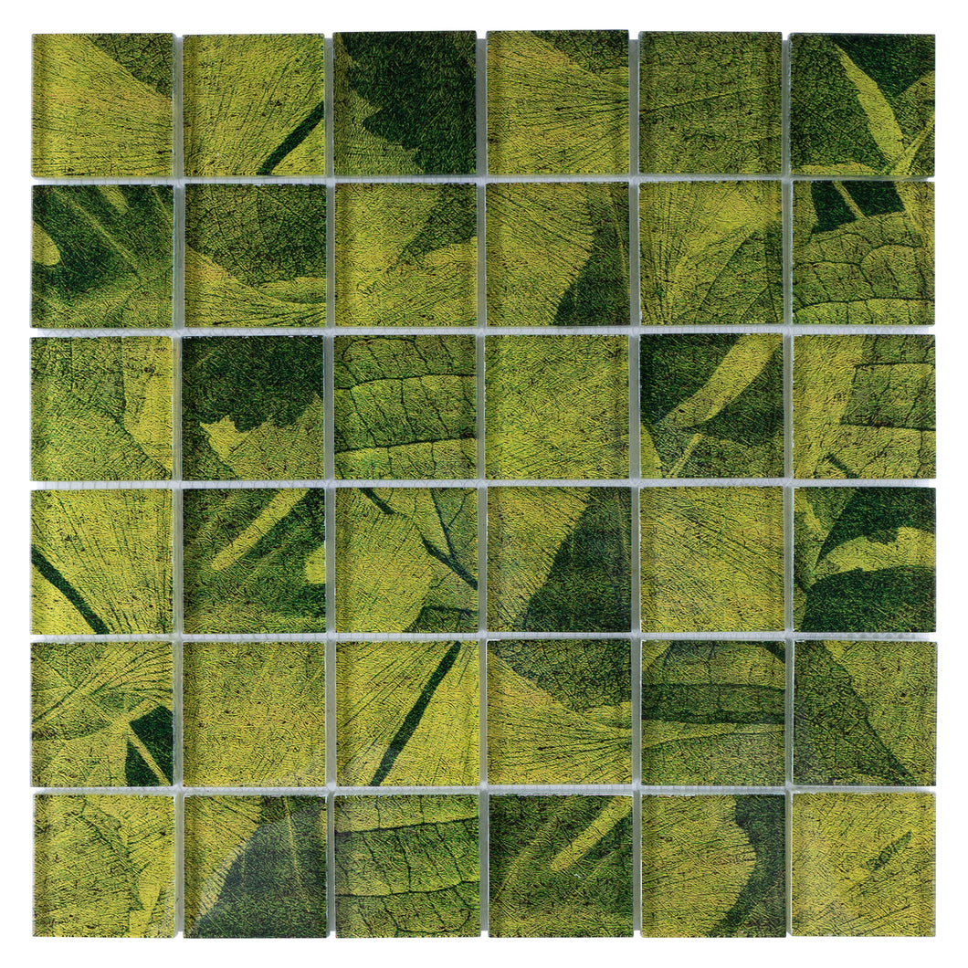 TSLG-02 2x2 green leaf glass mosaic tile backsplash for kitchen and bath