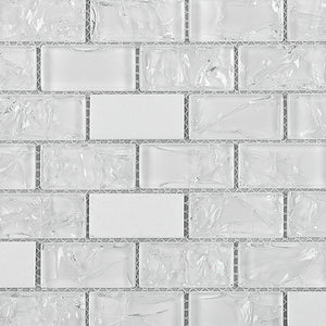TCESG-01  1x2 Brick Crackled Glass Mosaic Tile in White