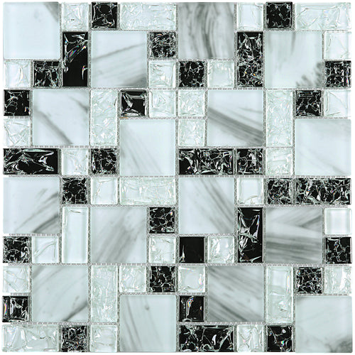 TCESG-03  Random Square Crackled Glass Mosaic Tile in Black and White Backsplash Wall Tile