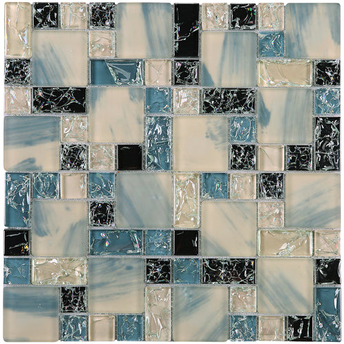 TCESG-04  Random Square Crackled Glass Mosaic Tile in Blue/Black