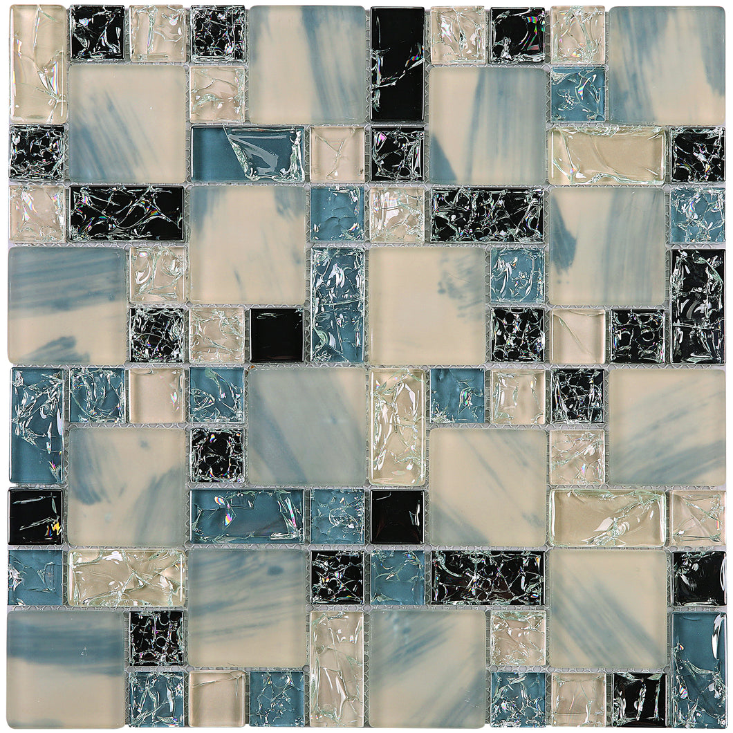 TCESG-04  Random Square Crackled Glass Mosaic Tile in Blue/Black